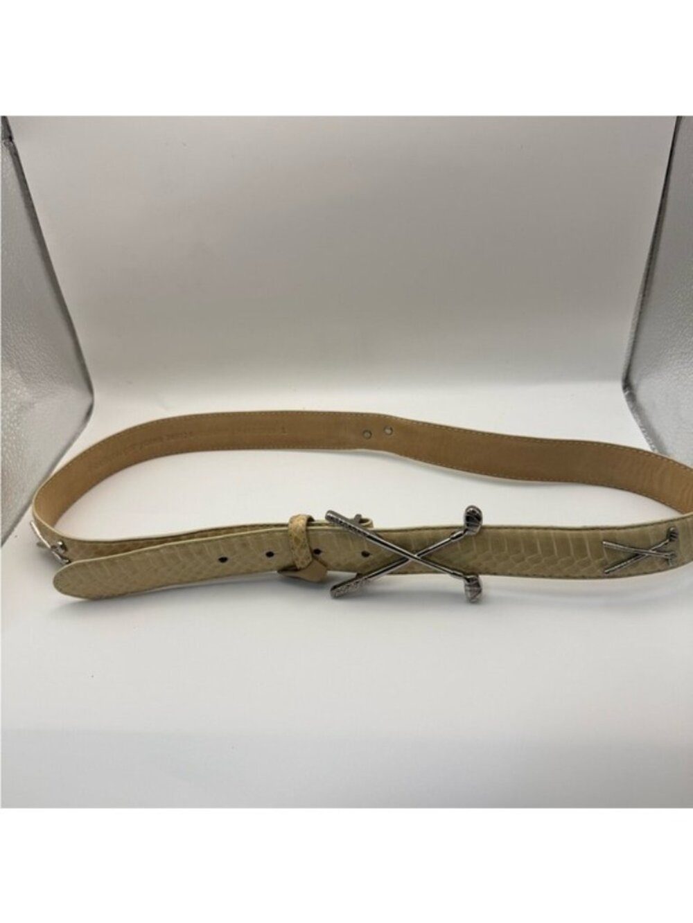 LB Belt Company Genuine Snakeskin Belt L Golf Clubs Buckle Beige Silver Accents